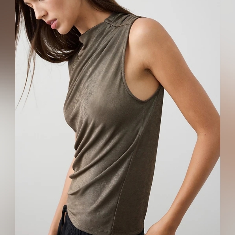 NWT BANANA REPUBLIC | $65 Bronze Foiled Draped-Shoulder Blouse - Picture 4 of 5